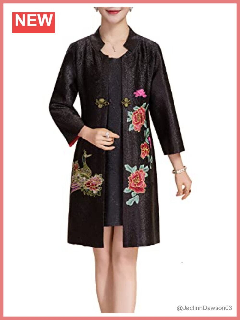 Embroidered Mandarin Duck Chinese Jacket Blazer 3/4 Sleeve Frog Button